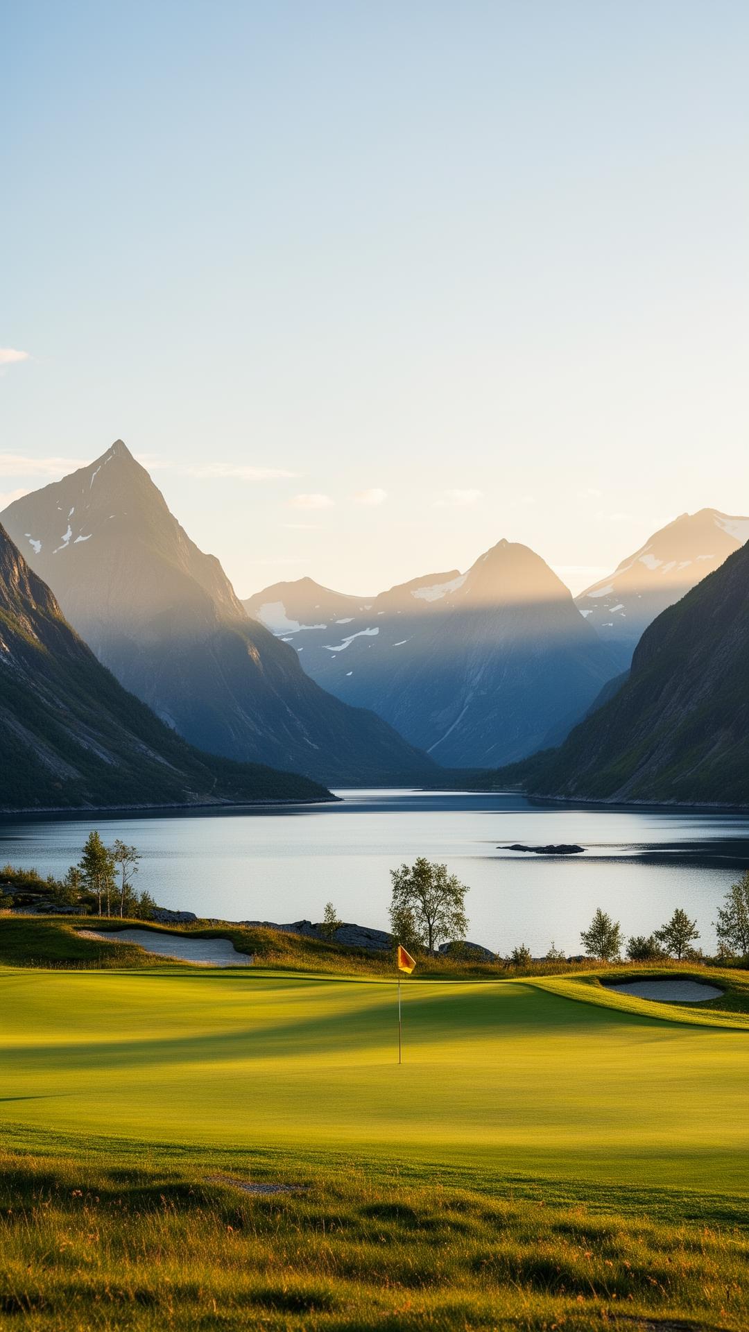 Norsk golfbane i gyllen kveldssol